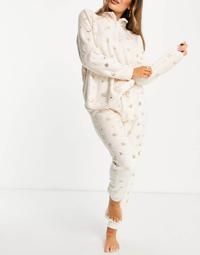 Chelsea Peers cozy gold foil zip front sweatshirt and sweatpants set in cream