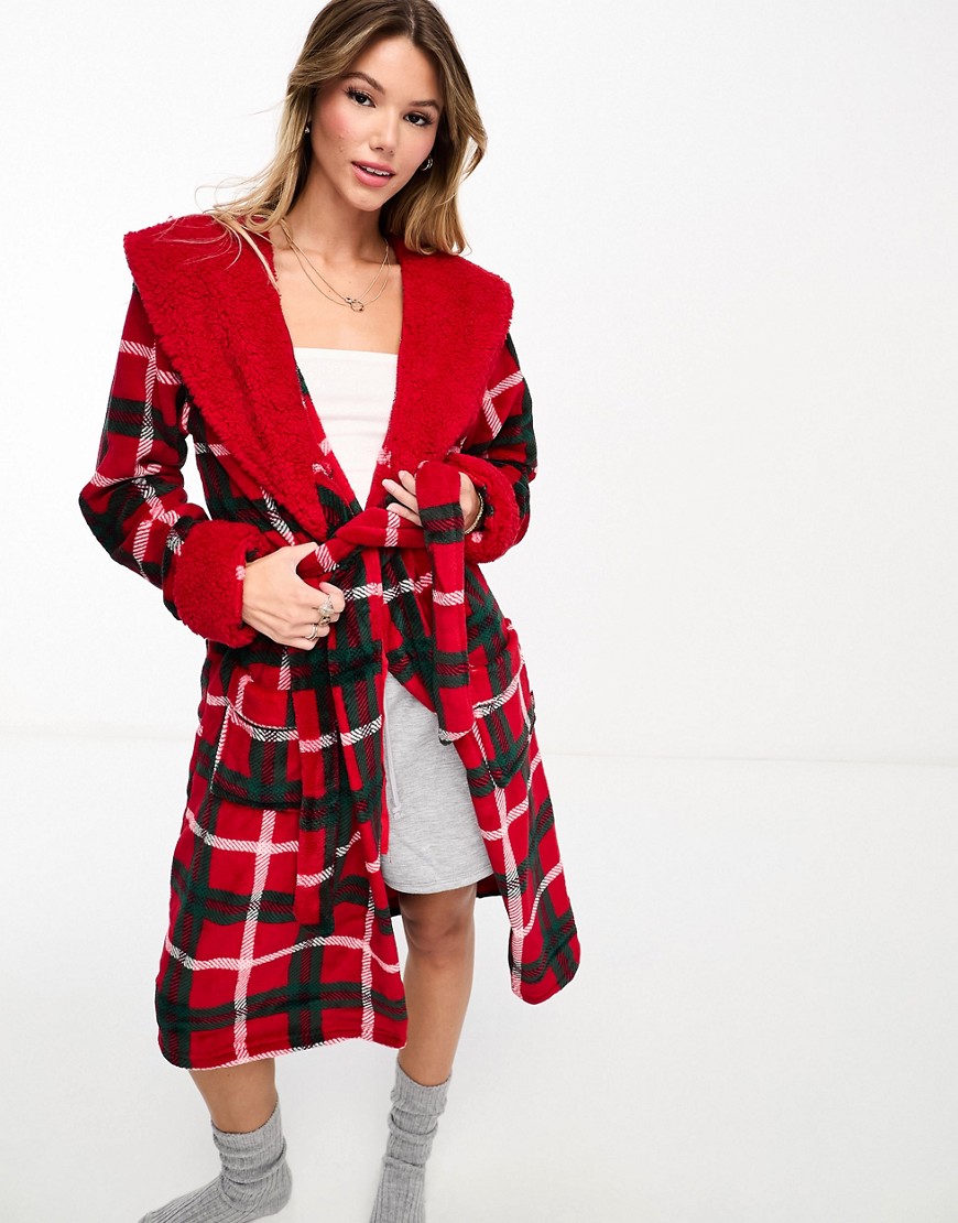 Chelsea Peers Cozy Hooded Robe In Red Check