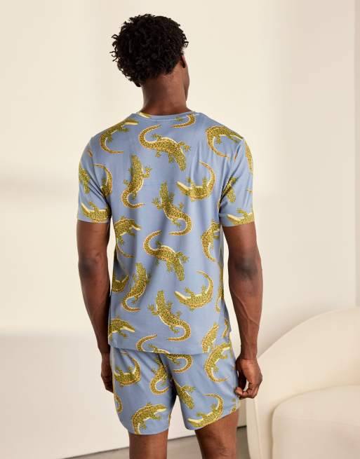 Chelsea Peers Crocodile lagoon print short pyjama set in blue, 2 of 7