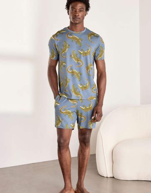 Chelsea Peers Crocodile lagoon print short pyjama set in blue, 7 of 7