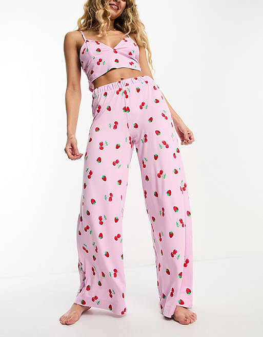 Chelsea Peers crop bralet pajama set in pink mini cherry print | ASOS