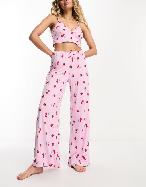 Chelsea Peers crop bralet pyjama set in pink mini cherry print, 4 of 4
