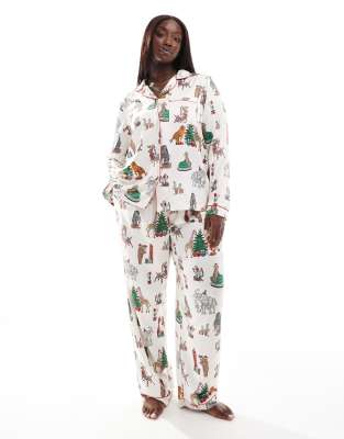 Curve Christmas satin circus print long sleeve top and pants pajama set in cream-White