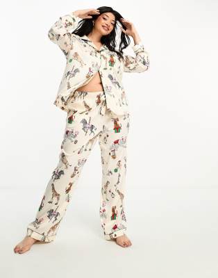 Chelsea Peers Curve Christmas satin circus print  long sleeve top and trouser pyjama set in cream  - ASOS Price Checker