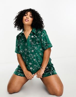 Chelsea Peers Curve Christmas velvet revere top and short pyjama set with silver foil print in forest green