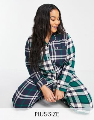Chelsea Peers Curve cotton revere top and trouser pyjama set in contrast check print - NAVY