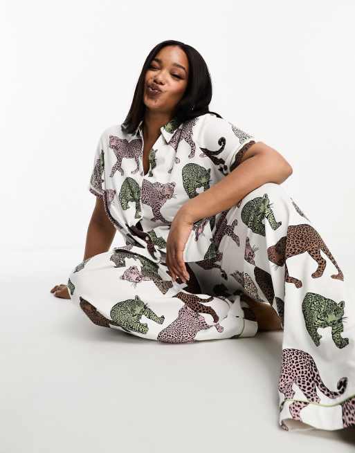 Curves Dark Green Satin Trouser Pyjama Set with Leopard Print