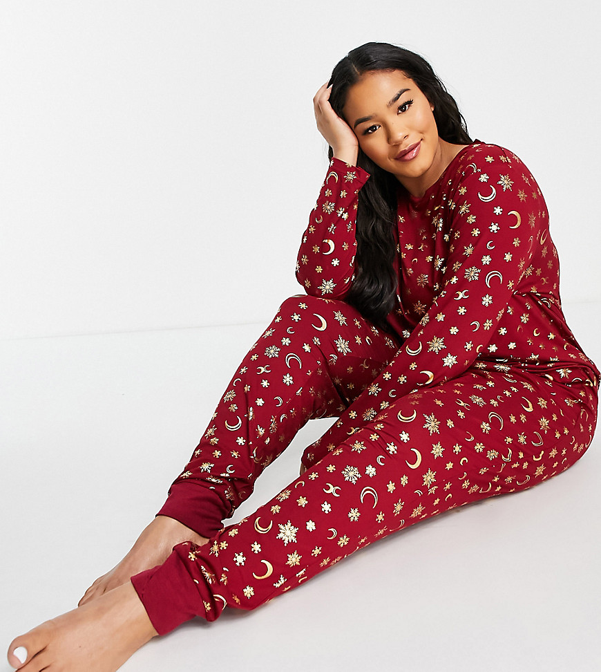 Chelsea Peers Curve eco poly long sleeve top and sweatpants pajama set in wine and gold foil celestial print-Red