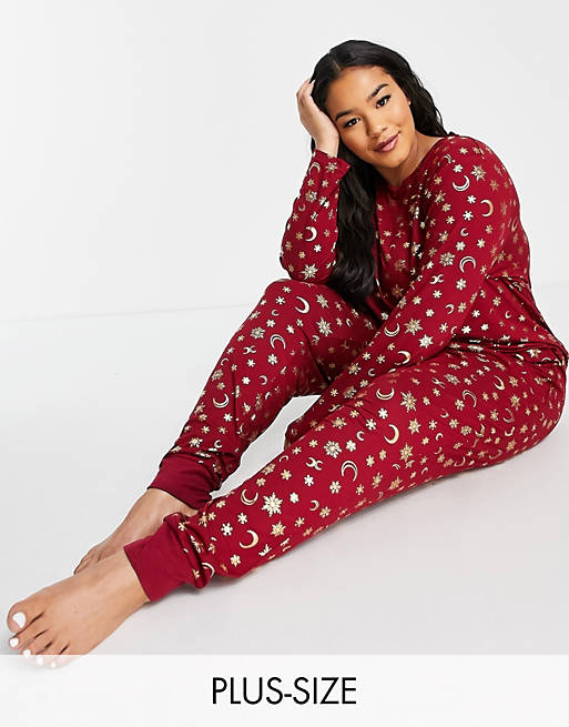 Chelsea Peers Curve eco poly long sleeve top and sweatpants pajama set in wine and gold foil celestial print
