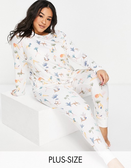 Chelsea Peers Curve eco poly long top and jogger pyjama set in yoga ladies print