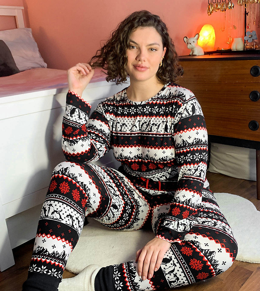 Chelsea Peers Curve eco poly penguin fairisle print long pajama set in navy-Multi