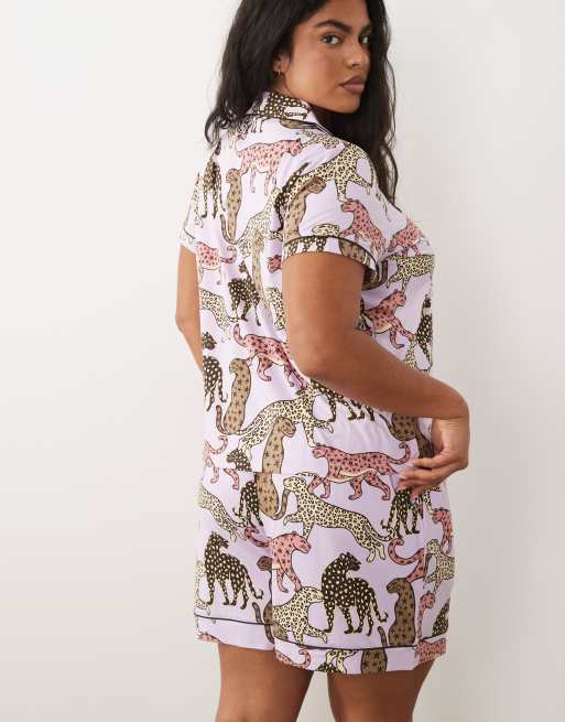 Chelsea Peers Curve - Ensemble de pyjama avec top manches courtes à revers et imprimé léopard - Lilas , 4 de 4