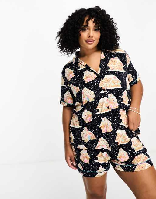Chelsea Peers Curve Exclusive Christmas gingerbread print short sleeve revere and short pyjama set in navy