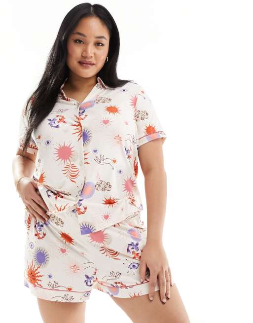 Chelsea Peers Curve Exclusive jersey short sleeve revere shirt and shorts set in sun print