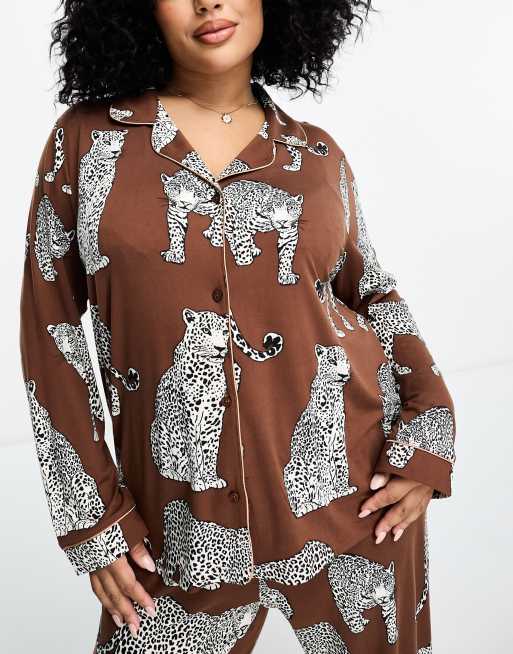 Chelsea Peers Curve Exclusive leopard print jersey button top and trouser pyjama set in brown