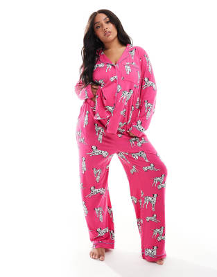 Chelsea Peers Curve - Exklusiver Jersey-Pyjama mit geknöpftem Oberteil und Hose in Hot Pink mit Dalmatiner-Print-Rosa