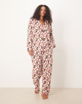 Chelsea Peers Curve - Exklusives, langärmliges Pyjama-Set aus Polyester mit Weihnachtsmann- und Zuckerstangen-Print-Weiß