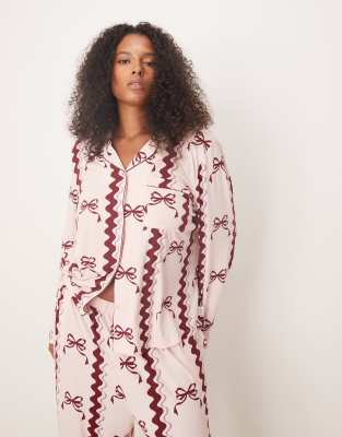 Chelsea Peers Curve - Exklusives Pyjama-Set aus Polyester mit Schleifen-Print, Reverskragen und langen Ärmeln-Rosa