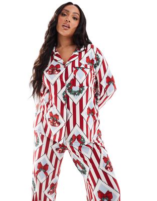 Curve Holiday vintage print long sleeve camp collar shit and pants pajama set in multi