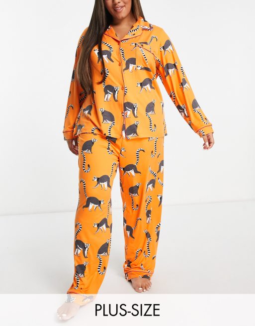 Chelsea Peers Curve jersey lemur print button top and pants pyjama set in orange 