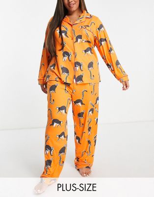 Chelsea Peers Curve jersey lemur print button top and trouser pyjama set in orange
