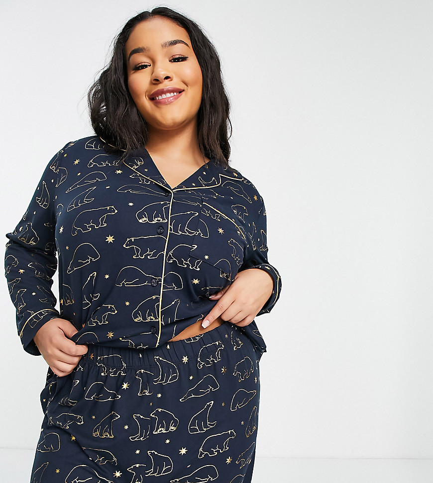 Chelsea Peers Curve jersey revere top and trouser pyjama set in gold foil polar bear print - NAVY