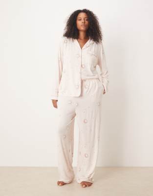 Chelsea Peers Curve - Langärmliges Pyjama-Set aus Polyester mit farblich abgestimmtem Himmelskörper-Print und Reverskrag...