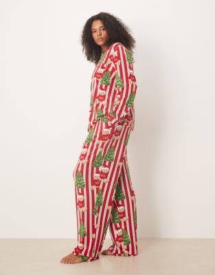 Chelsea Peers Curve - Langärmliges Pyjama-Set aus Polyester mit Reverskragen und weihnachtlichem Teddy-Streifenmuster-Ro...