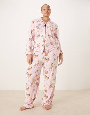 Chelsea Peers Curve - Langes Pyjama-Set in Rosa mit Martini-Tierprint und Knopfleiste