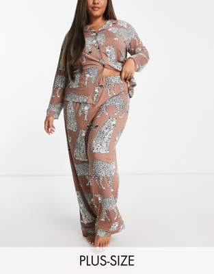 Chelsea Peers Curve leopard print jersey button top and pants pajama set in brown 