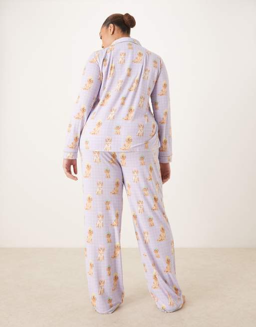 Chelsea Peers Curve long button up set in lilac spa dog print, 2 of 4