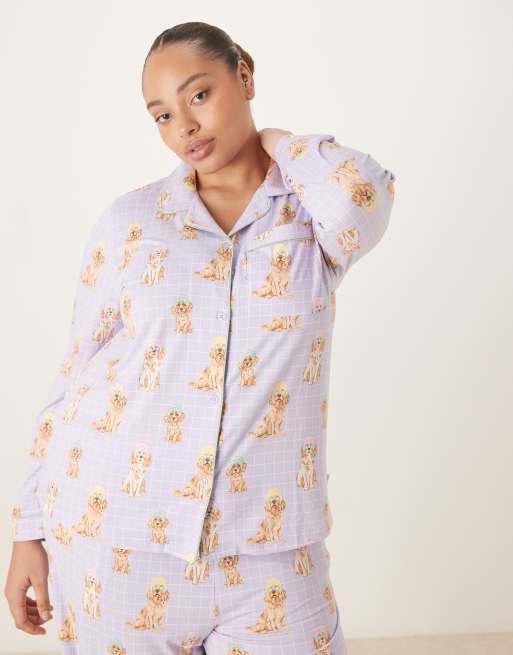 Chelsea Peers Curve long button up set in lilac spa dog print, 4 of 4