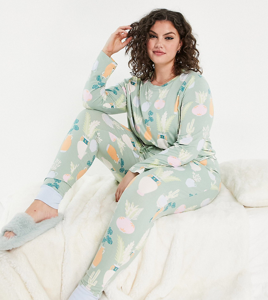 Chelsea Peers Curve long sleeve top and sweatpants pajama set in sage plant print - LGREEN