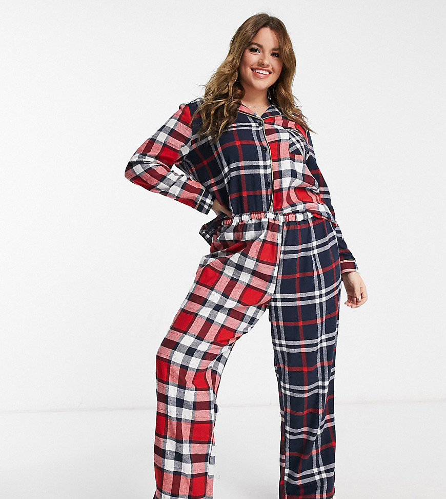 Chelsea Peers Curve organic cotton mixed plaid long camp collar pajama set in red and navy