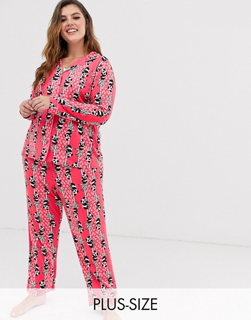 Chelsea Peers Curve panda bamboo stripe print revere long pyjama set