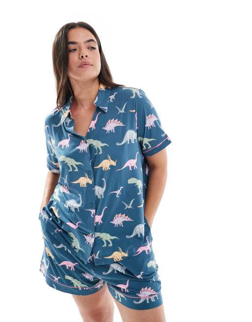 Chelsea Peers Curve - Pigiama in poliestere con stampa di dinosauro pastello con camicia a maniche corte con rever 