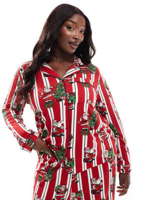 Chelsea Peers Chelsea Peers Curve poly Christmas His & Hers long sleeve revere and trouser pyjama set in vintage santa stripe print-Multi