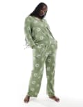 [Chelsea Peers] Chelsea Peers Curve poly gold celestial print long sleeve revere shirt and pants pyjama set in green 26 GREEN