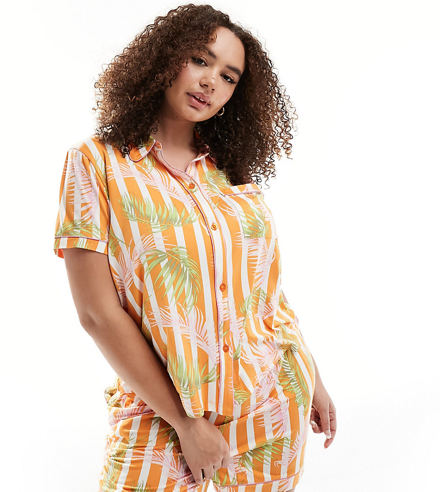 Chelsea Peers Curve poly jersey short sleeve and short pyjama set in palm leaf stripe print-Orange