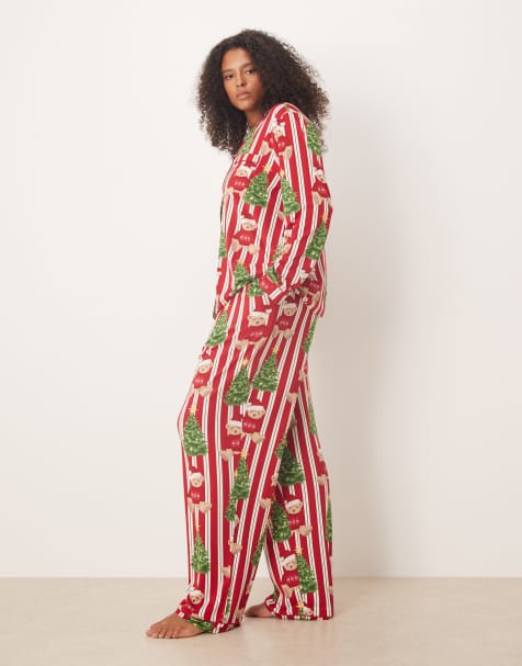 Chelsea Peers Curve poly long sleeve camp collar pajama set in christmas teddy striped print - view 1