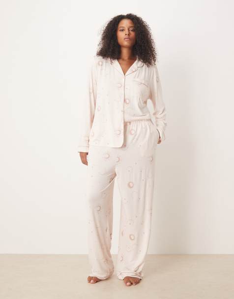 Chelsea Peers Curve poly long sleeve camp collar pajama set in tonal celestial print - view 1
