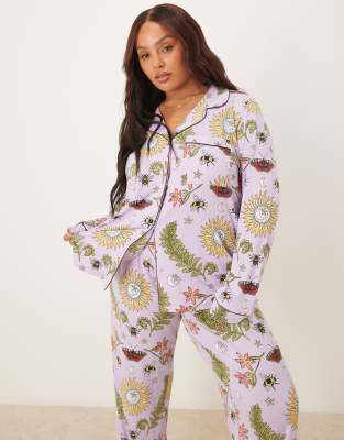 Chelsea Peers Chelsea Peers Curve poly long sleeve revere pyjama set in moonlit woodland print-Purple