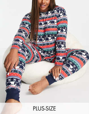 CHELSEA PEERS CURVE POLY LONG SLEEVE TOP AND JOGGER PYJAMA SET IN ELEPHANT FAIRISLE PRINT - MULTI