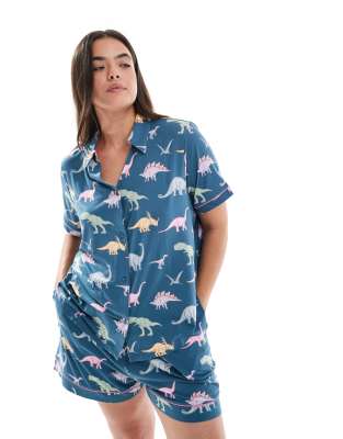 Chelsea Peers Chelsea Peers Curve poly short sleeve revere pyjama set in pastel dino print-Multi