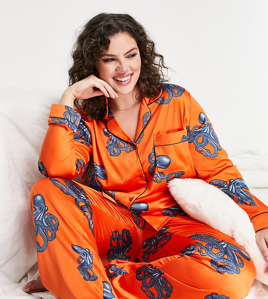 Chelsea Peers Curve premium satin revere top and trouser pyjama set in orange octopus print