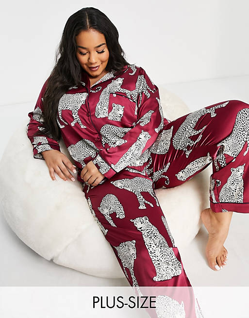 Lingerie & Nightwear Chelsea Peers Curve premium satin revere top and trouser pyjama set in wine leopard print 