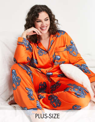 Chelsea Peers Curve – Pyjama-Set aus hochwertigem Satin in Orange mit Oktopusmotiv, bestehend aus Oberteil mit Reverskragen und Hose
