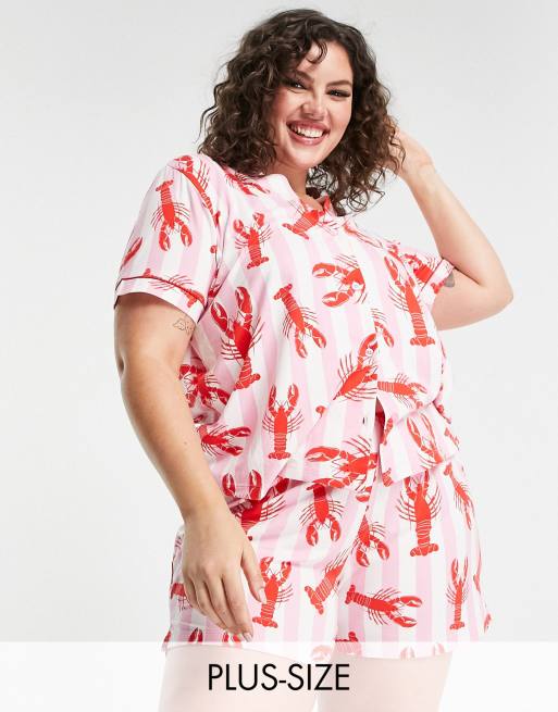 Chelsea Peers Curve revere top and short pyjama set in stripe lobster print - MULTI