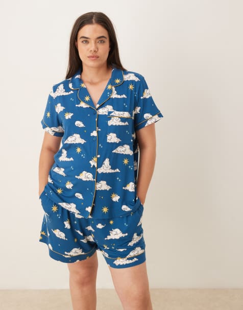 Chelsea Peers Curve short sleeve camp collar shirt and shorts pajama set in sleepy bunny print - view 1