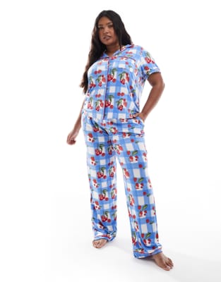 Chelsea Peers Chelsea Peers Curve short sleeve revere and trouser pyjama set in berry picnic blanket print-Multi